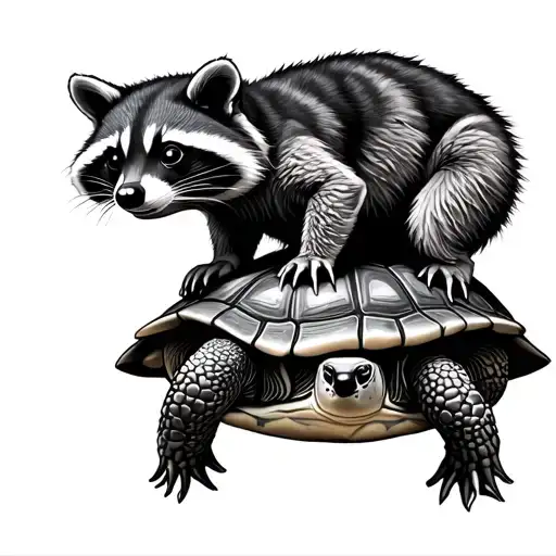 Raccoon Riding On Top Of A Turtle