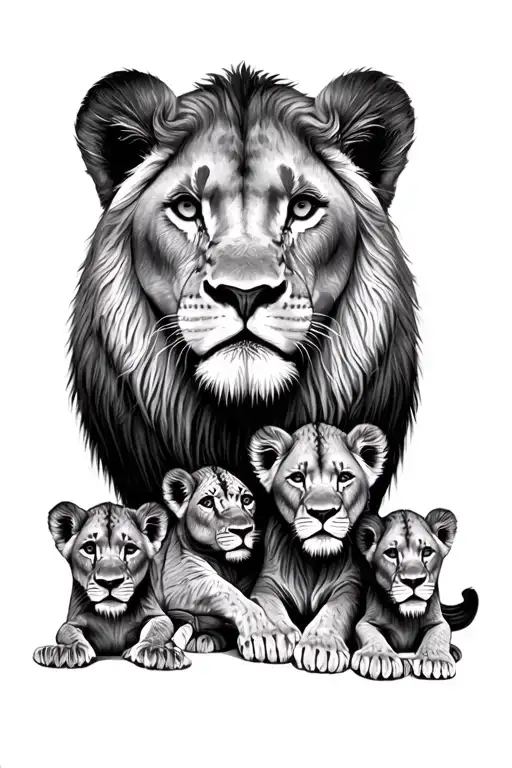 Lioness And 3 Lion Cubs