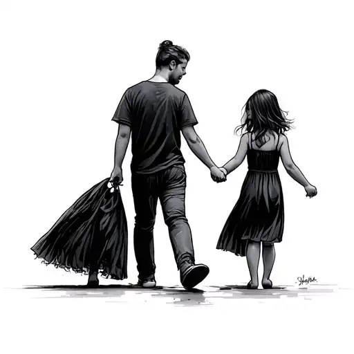 Father Walking With Twi Daughters