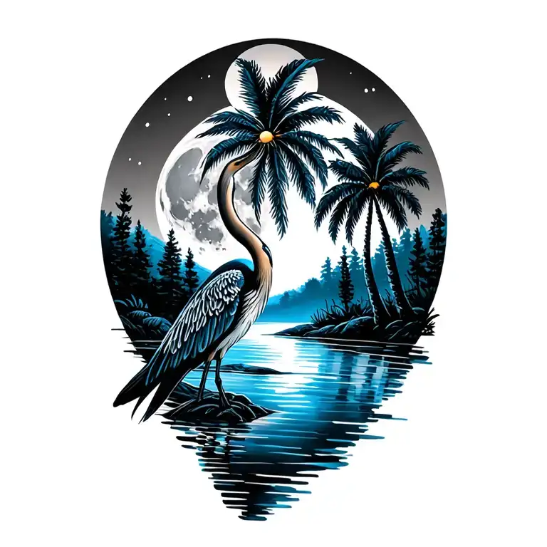 Full Moon Palm Tree Blue Heron River