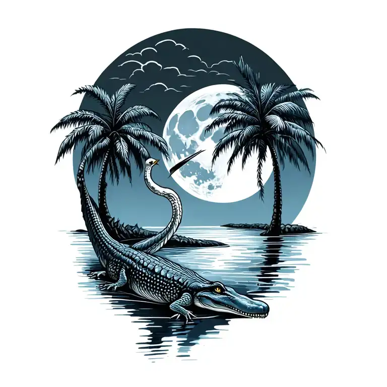 Full Moon Palmetto Palm Tree Oak Tree Blue Heron River Alligator