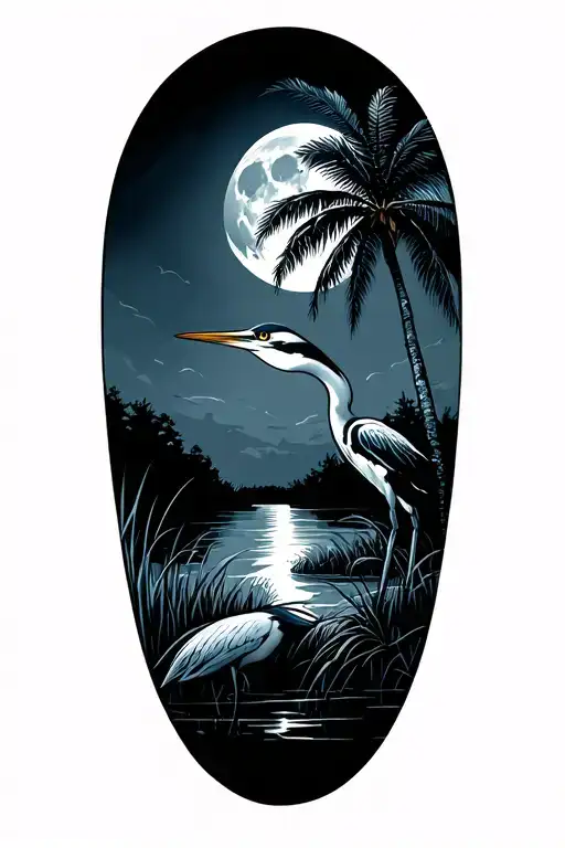 Full Moon Palm Tree Blue Heron River Marsh Grass Coastal