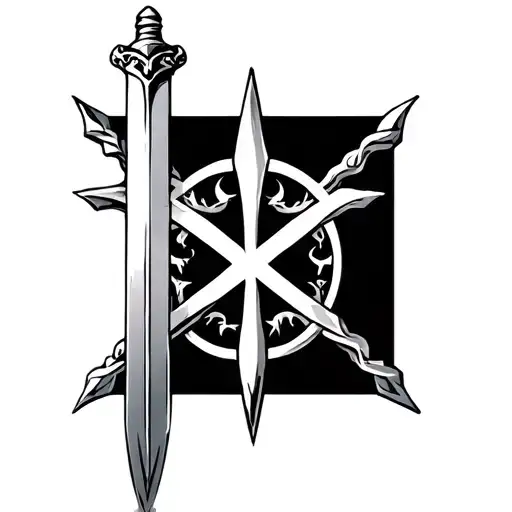 Jerusalem Cross In Front Of Downward Pointing Sword