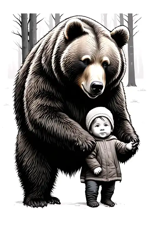 Bear Looking Over Woods Mom Holding Child's Hand