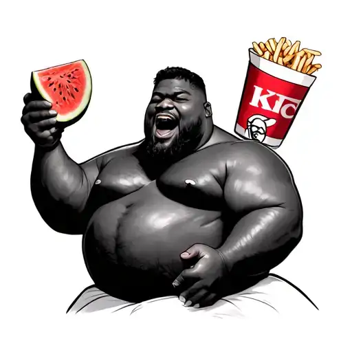 Fat Black Man Eating Kfc With Watermelon In One Hand