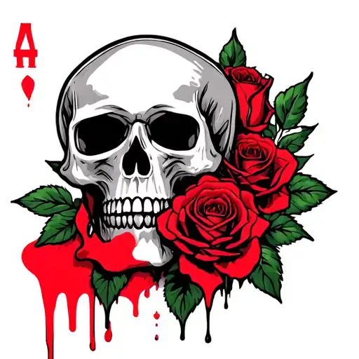 Skull And Rose With Blood Dripping And Card Featuring