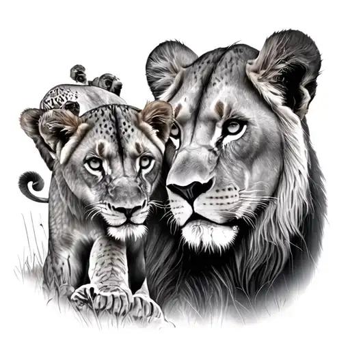 Lioness And 3 Cubs In The Background