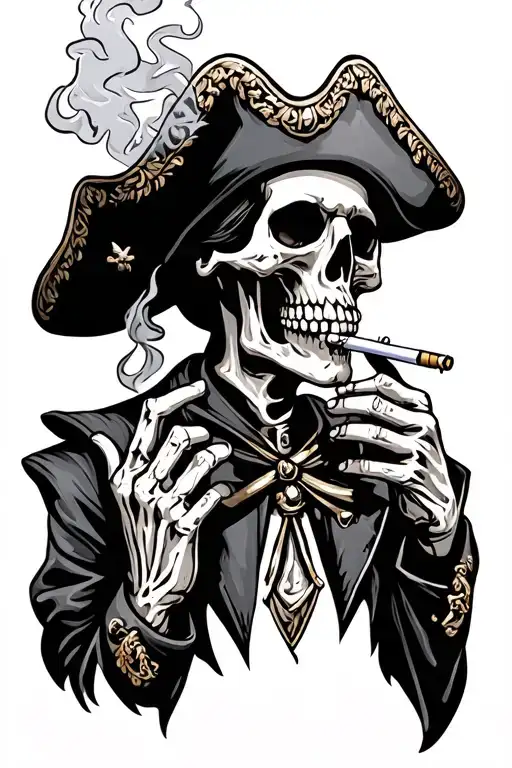 Skeleton Pirate Smoking A Cigarette Burning Black