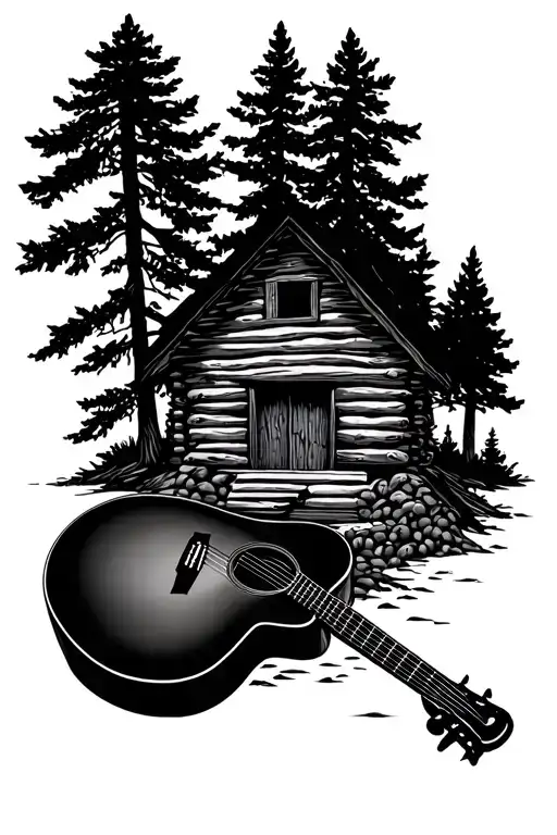 Log Cabin Nature Scene With An Acoustic Guitar