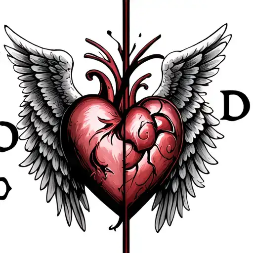 A Heart Divide Into 2 With Angel Wings And 2 D On Each Side