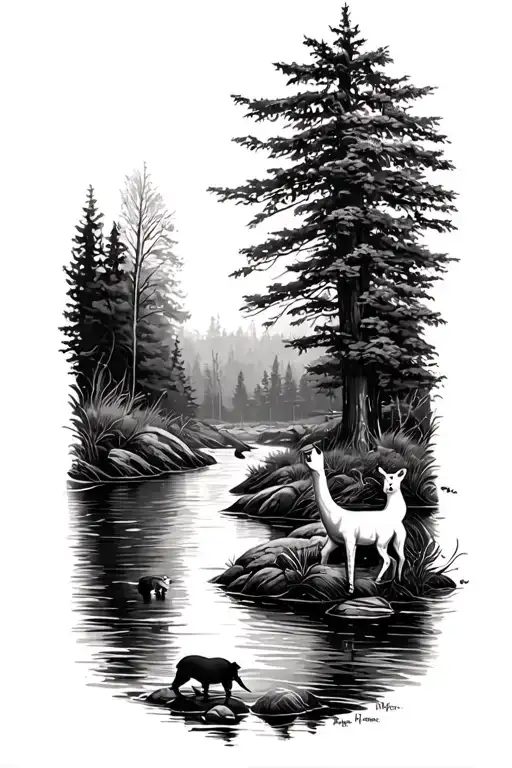 Outdoor Scene With River And Animals