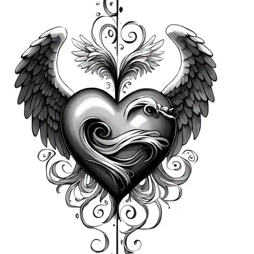 A Heart Divide In 2 In Wave With Angel Wings And 2 D In Each Party Of The Heart