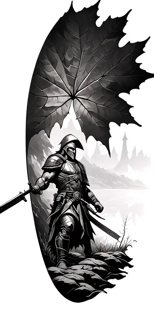 Maple Leaf Leading Into A Outdoor Background Into A Spartan Warrior