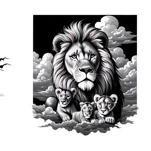 Lion Her Cubs And Clouds