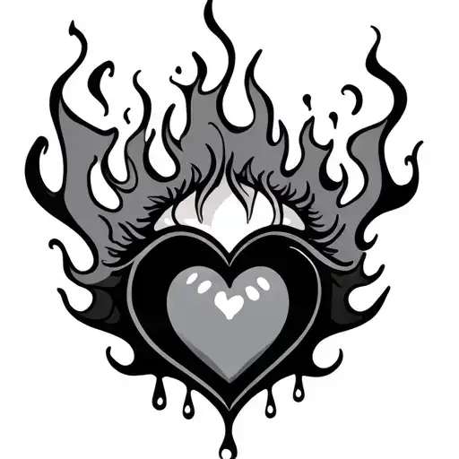 Simple Flash Heart Eye Surrounded With Flames And Tears Drop