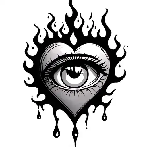 Simple Outline Heart Eye Surrounded With Flames And Tears Drop