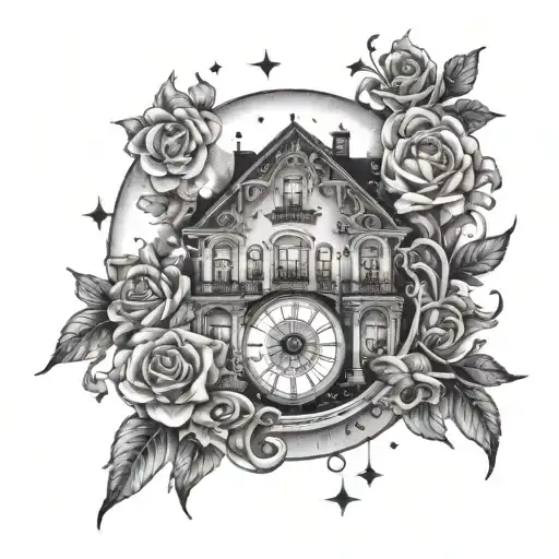 Mansion With A Floral Clock And Night Sky Filled With Stars