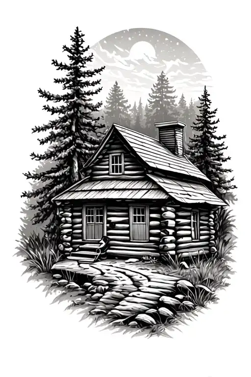 Log Cabin With An Acoustic Guitar Nature Scene