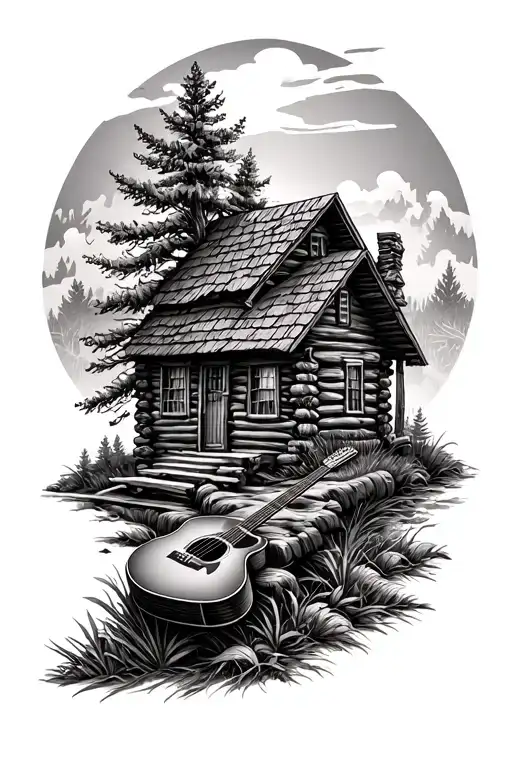 Log Cabin With An Acoustic Guitar Nature Scene