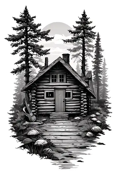 Log Cabin With An Acoustic Guitar Nature Scene