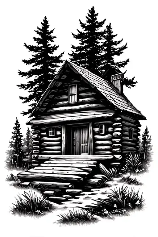 Log Cabin With An Acoustic Guitar Nature Scene