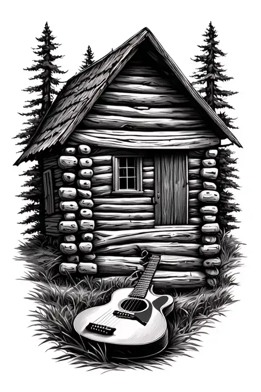 Log Cabin With An Acoustic Guitar Nature Scene
