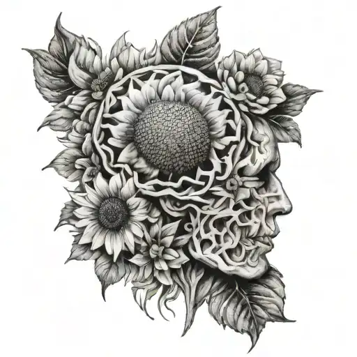 Realistic Left Brain Surrounded By Many Flowers Including At Least One Sunflower