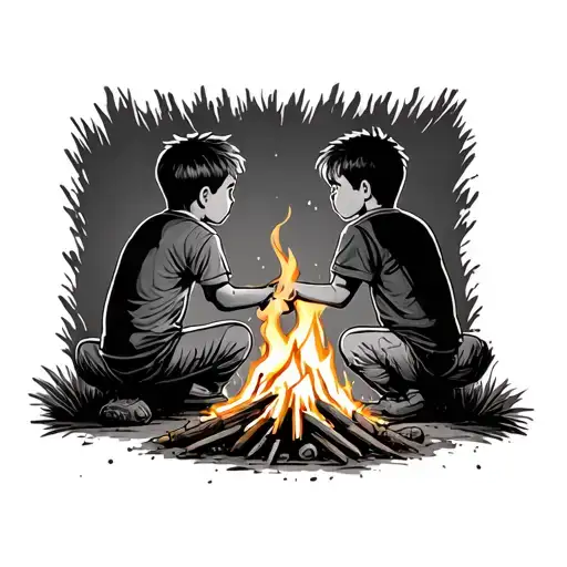 Two Boys At Campfire Seen From Behind