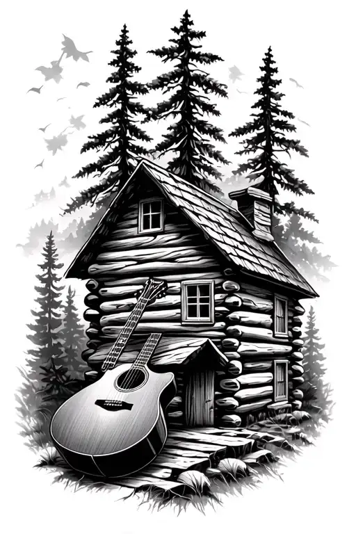 Log Cabin With An Acoustic Guitar Nature Scene