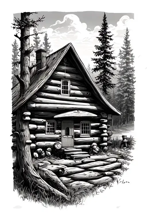 Log Cabin With An Acoustic Guitar Nature Scene