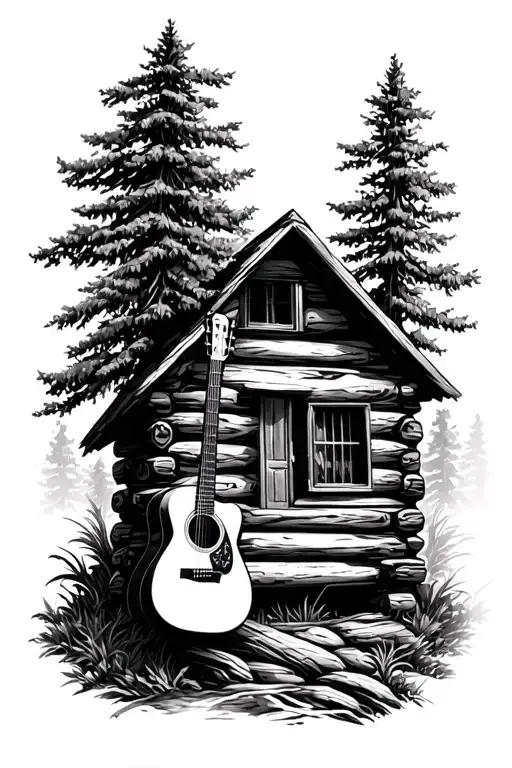 Log Cabin With An Acoustic Guitar Nature Scene