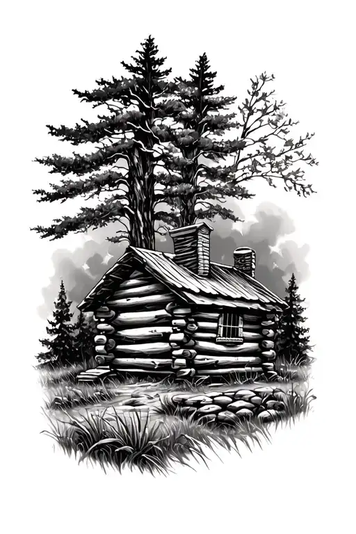 Log Cabin With An Acoustic Guitar Nature Scene