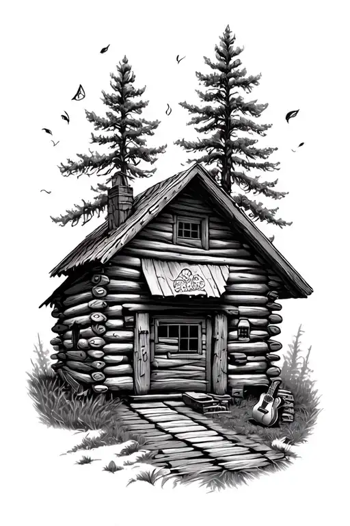 Log Cabin With An Acoustic Guitar Nature Scene