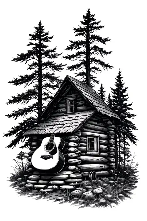 Log Cabin With An Acoustic Guitar Nature Scene