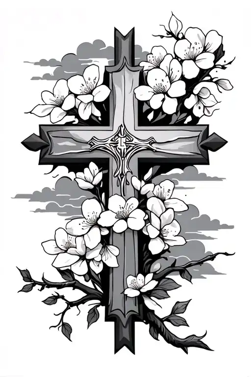 Cross With Cherry Blossoms And Clouds