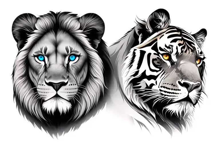 Lion With Blue Eyes And A Tiger With Golden Eyes