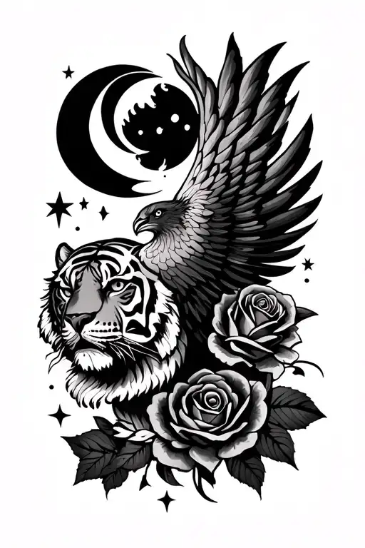 Phoenix Tiger Roses Arm Sleeve Earth Stars Moon