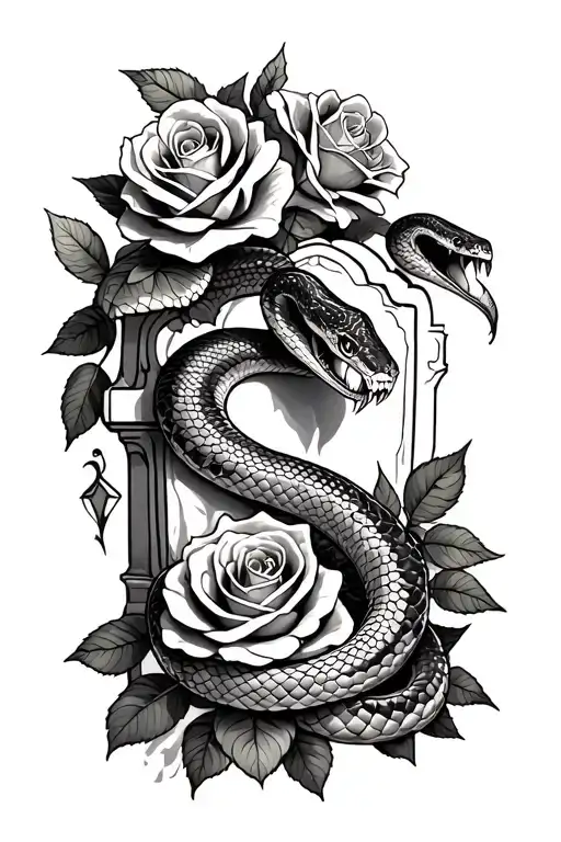 Snake And Tombstone And Roses