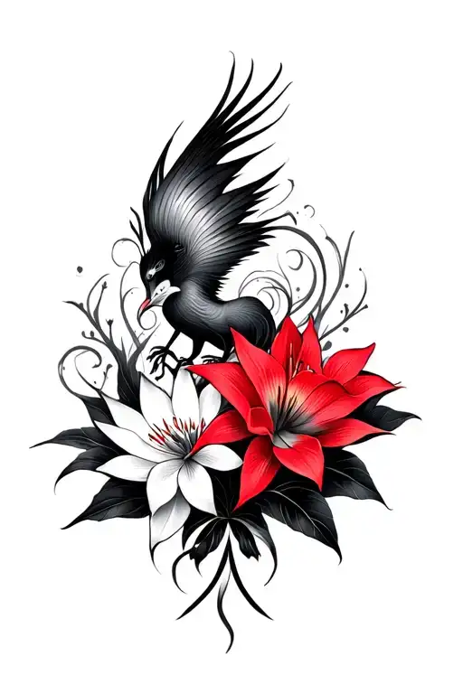 Multiple Fine Line Lotus And Red Lilly Spider Flowers Intertwined And Phoenix Intertwined