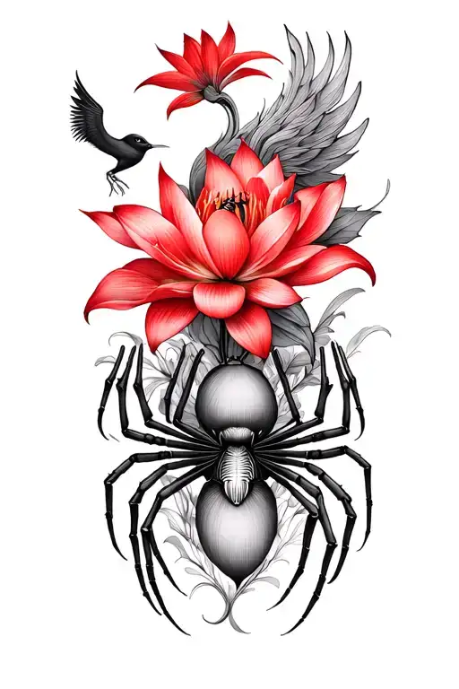 Multiple Fine Line Lotus And Red Lilly Spider Flowers Intertwined And Phoenix Intertwined