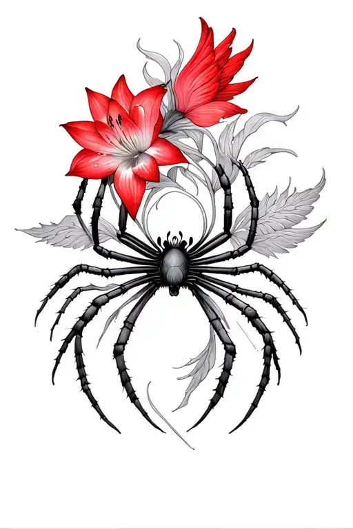 Multiple Fine Line Lotus And Red Lilly Spider Flowers Intertwined And Phoenix Intertwined