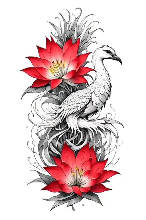 Multiple Fine Line Lotus And Red Lilly Flowers Intertwined And Phoenix Intertwined