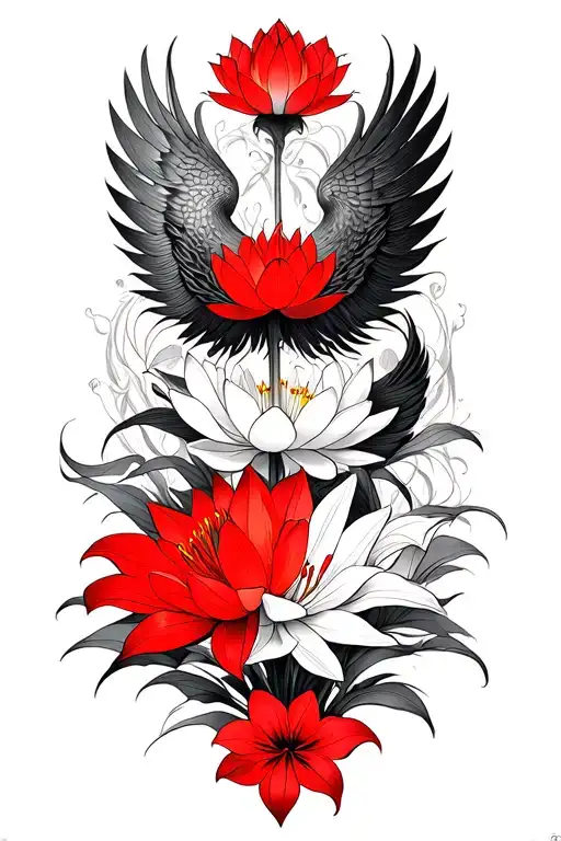 Multiple Fine Line Lotus And Red Lilly Flowers Intertwined And Phoenix Intertwined