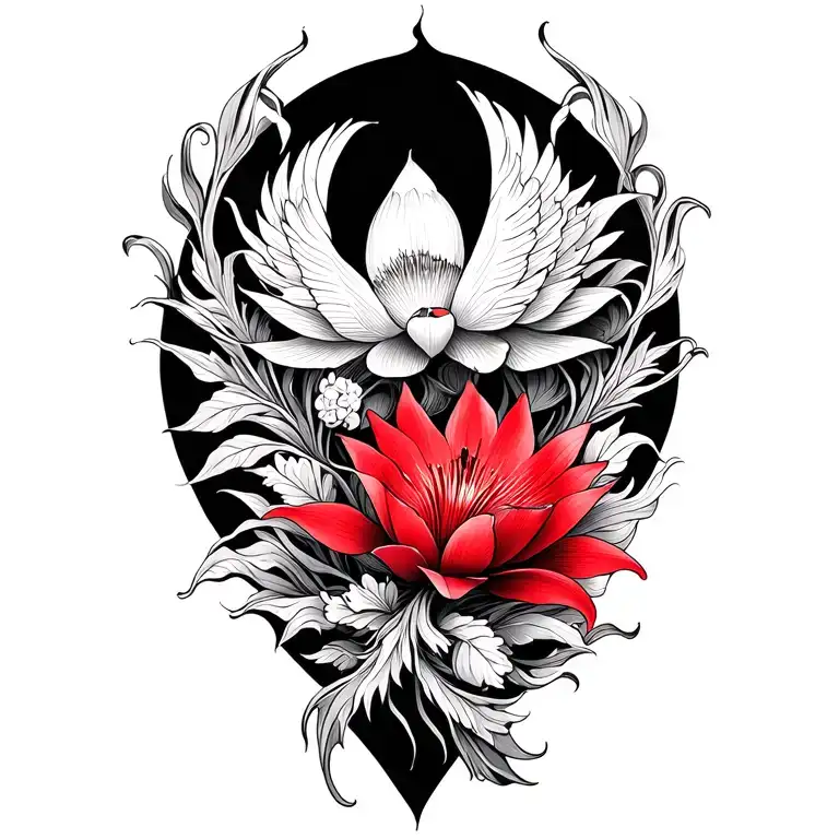 Multiple Fine Line Lotus And Red Lilly Flowers And Phoenix Intertwined