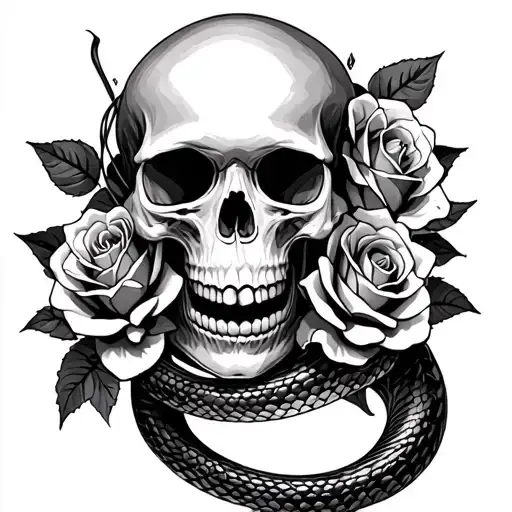 Skull And Roses With Pretty Snake Wrapped Around It