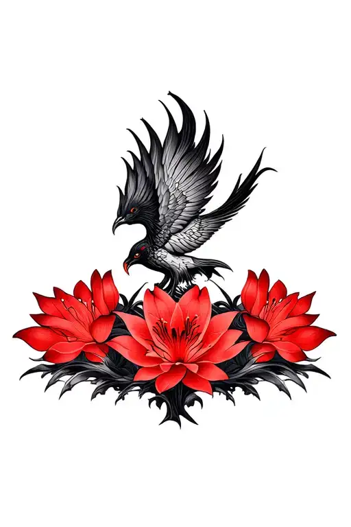 Multiple Fine Line Lotus And Red Lilly Flowers And Phoenix Intertwined