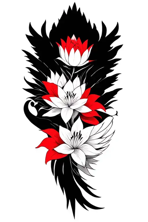 Multiple Fine Line Lotus And Red Lilly Flowers And Phoenix Intertwined