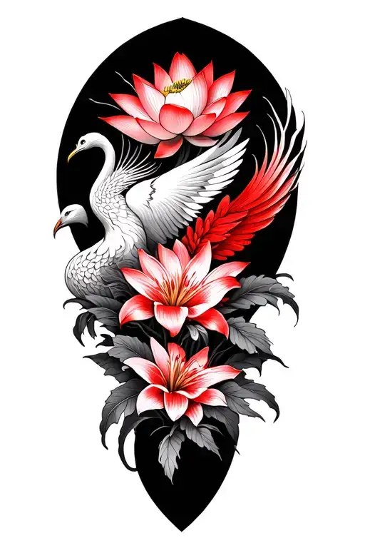 Multiple Fine Line Lotus And Red Lilly Flowers And Phoenix Intertwined