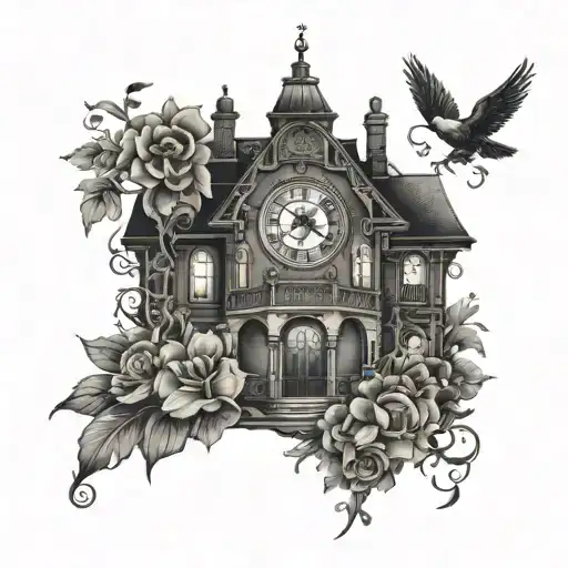 Mansion With A Floral Clock At Night Scene