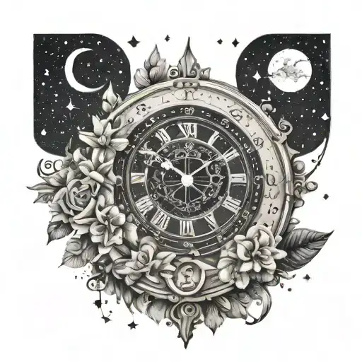 Floral Clock In Front Of A Mansion With A Night Sky With Constellations